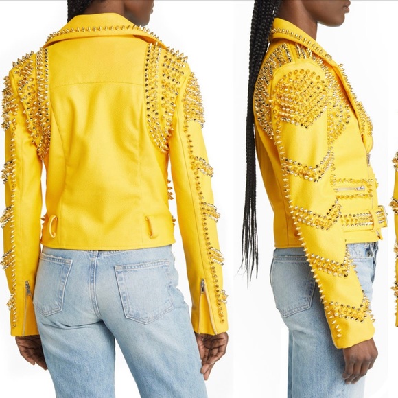 Azalea Wang Spike Belted Faux Leather Motto Jacket. Yellow “S” (spikes are gold) - Picture 4 of 8